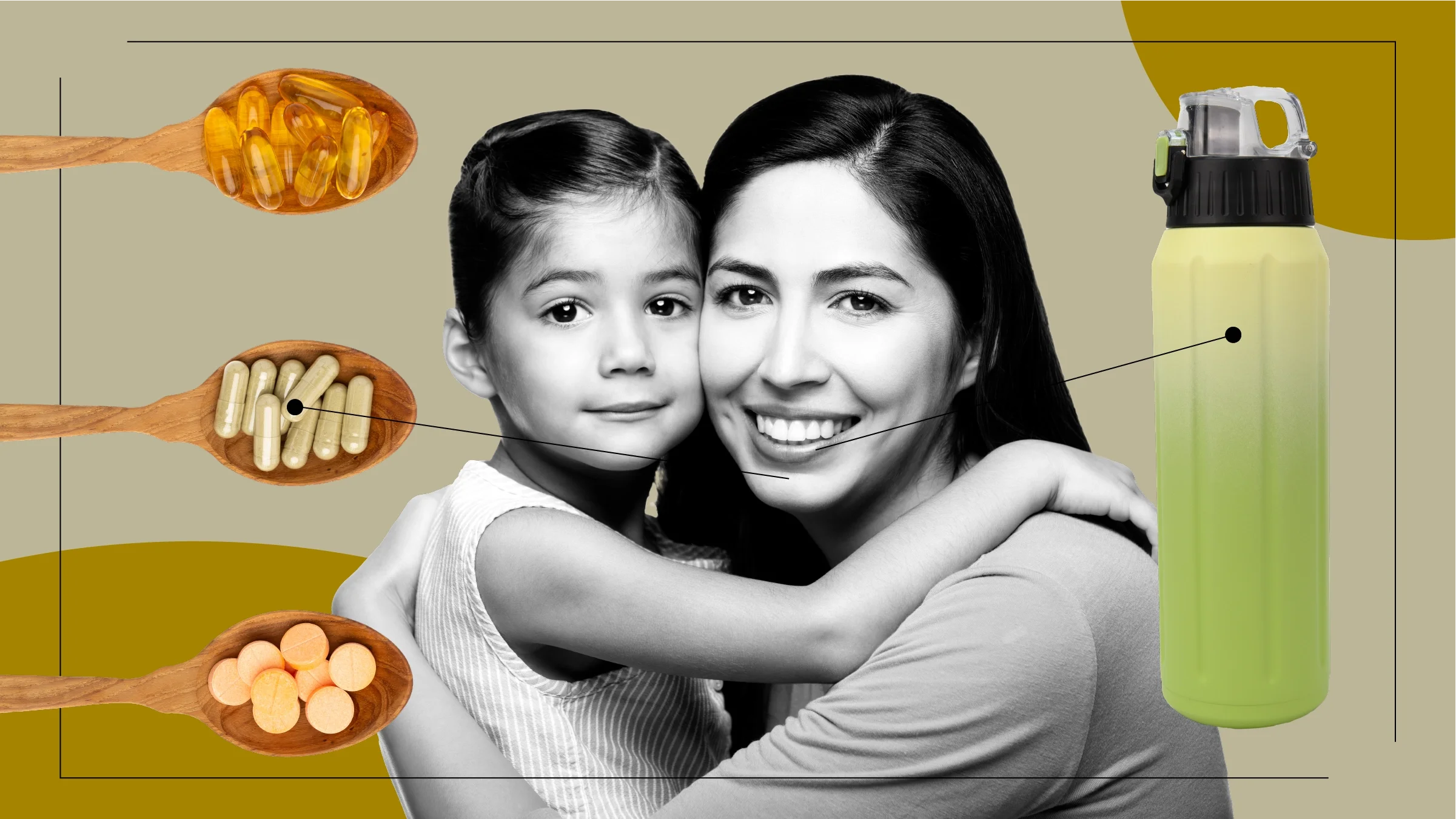 A graphic depicting cold season features a photo of a woman and child, spoons with supplements, and a water bottle.