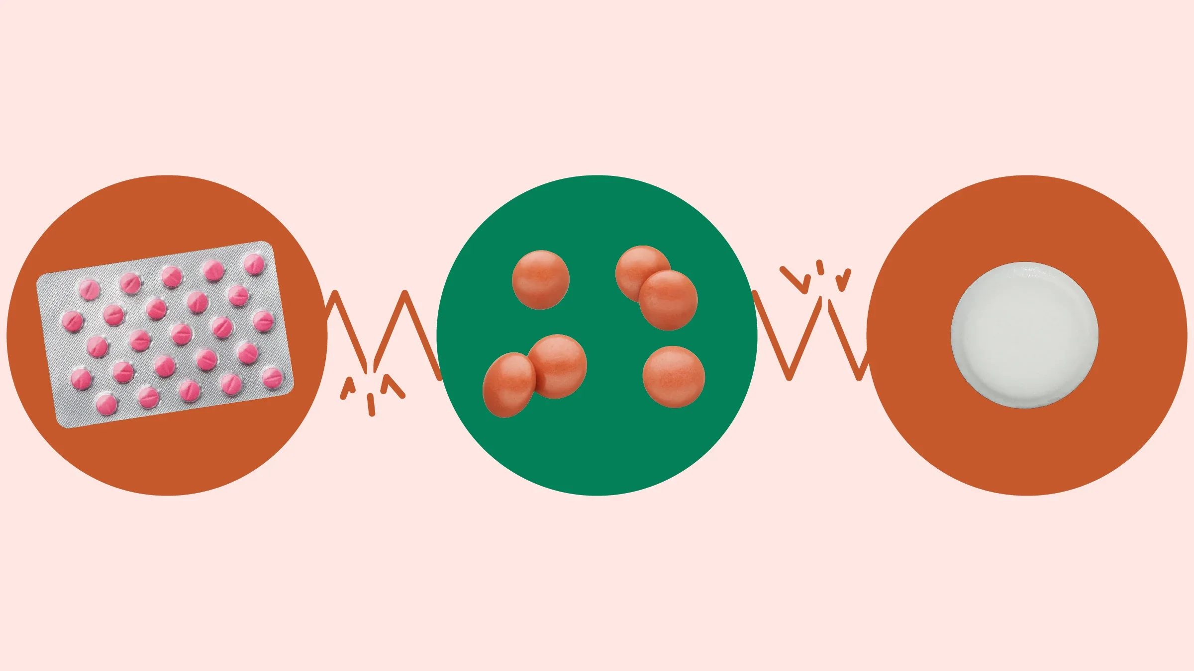 Light red background with three circles across the frame. In the center, on a green circle, are multiple round red pills. On the left, on a red circle, is a blister pack of pink pills. On the right, on a red circle, is a single round white pill.
GoodRx Health