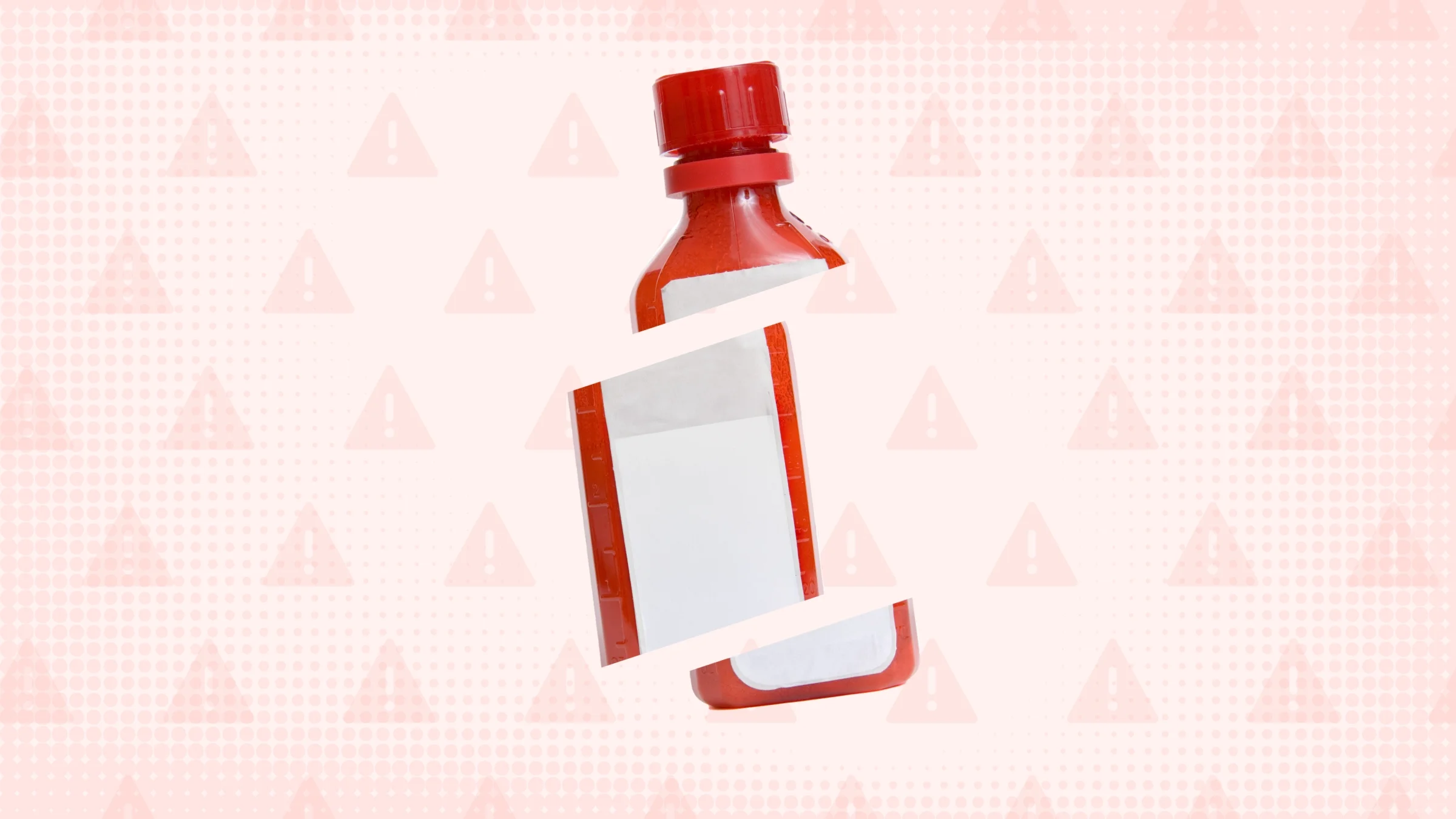 In the center of a light red background with texture and warning sign pattern is a red medicine bottle cut into thirds. 
