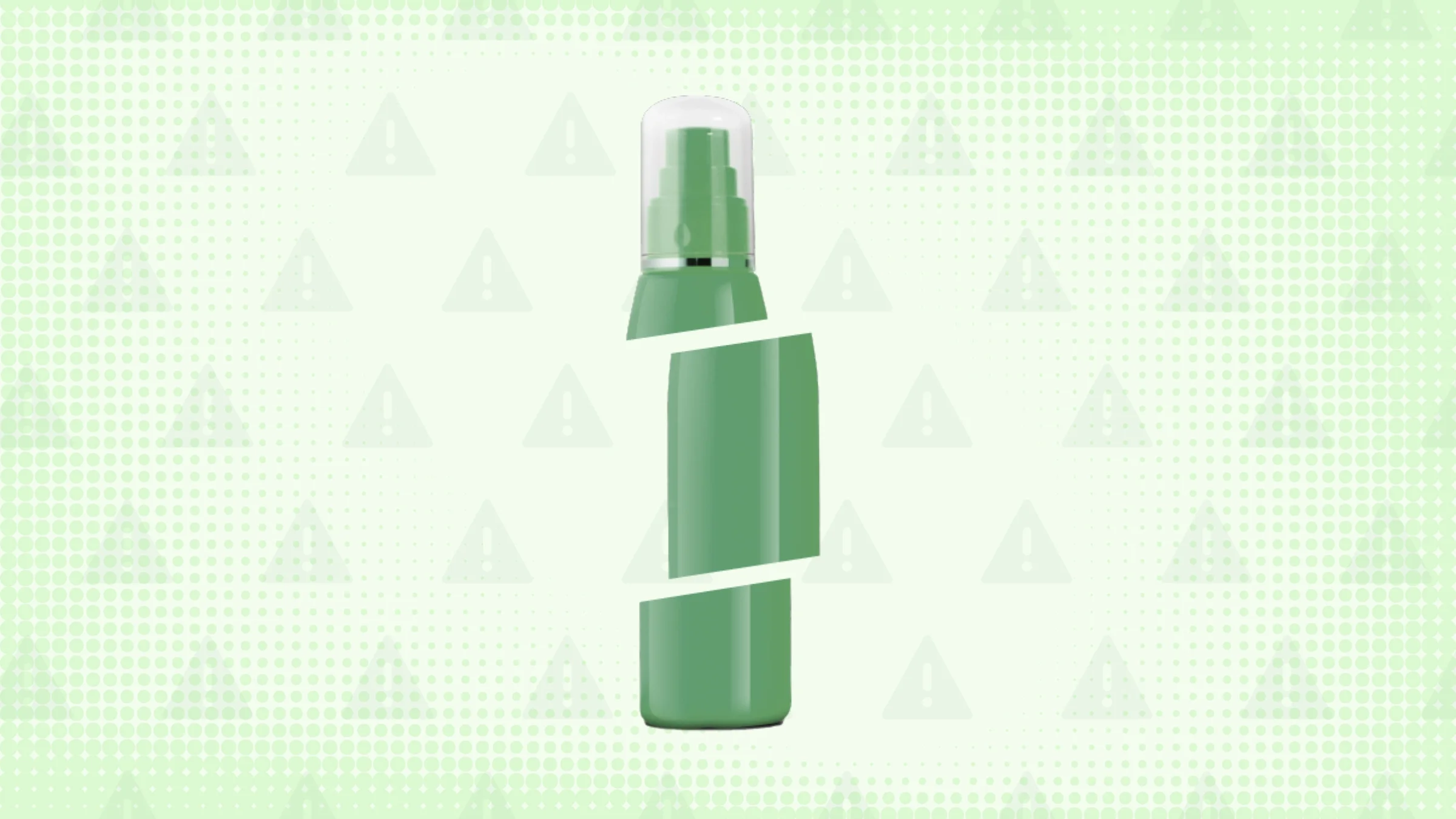 A custom graphic includes a background with a green warning sign pattern and a green foam can cut into thirds. 