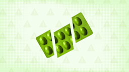 In the center of a light green background with texture and warning sign pattern is a green blister pack of pills cut into thirds. 
GoodRx Health 
