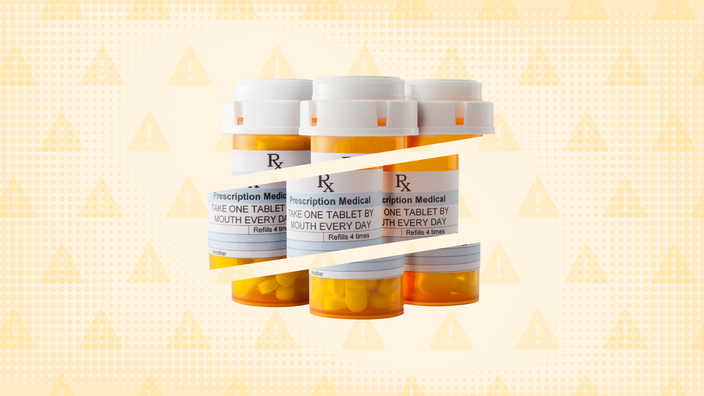 A custom graphic includes a light-orange background with a warning sign pattern and three prescription pill bottles cut into thirds. 