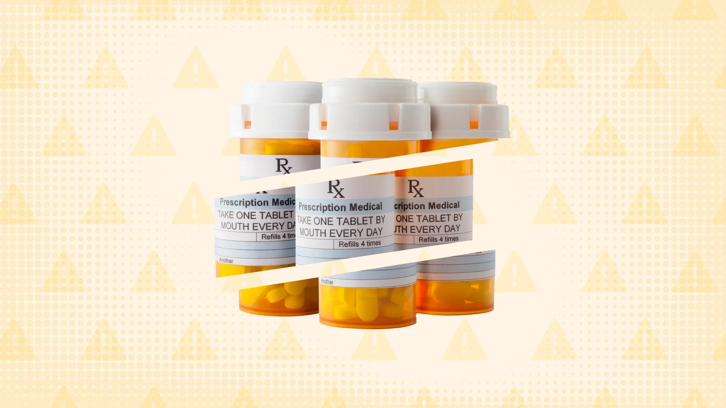 A custom graphic includes a light-orange background with a warning sign pattern and three prescription pill bottles cut into thirds.
GoodRx Health
