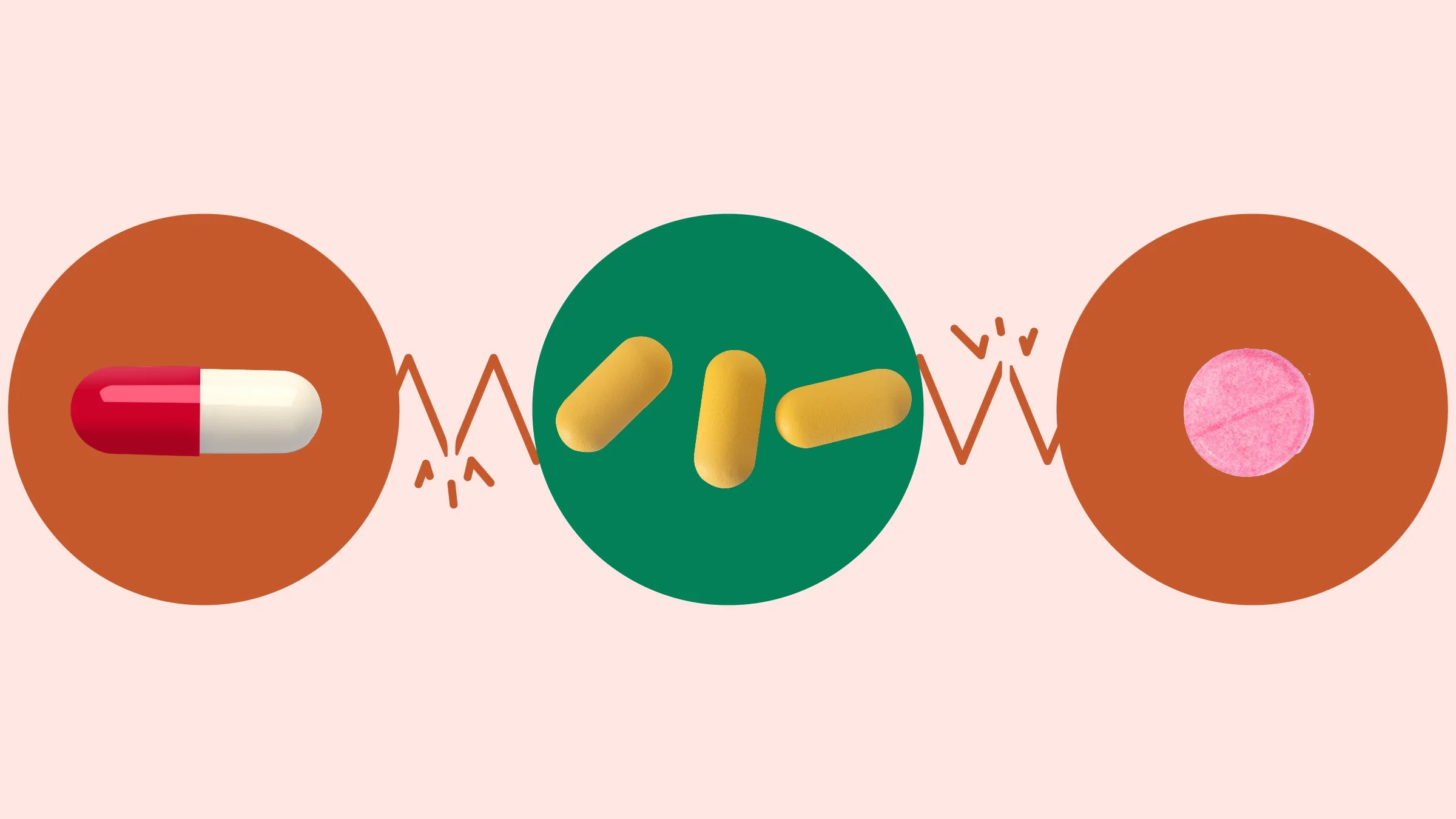 The image depicts a light red background with three circles across the frame. In the center, on a green circle, are three yellow pills. On the right, on a red circle, is a round pink pill. On the left, on a red circle, is a red and white capsule pill. 
