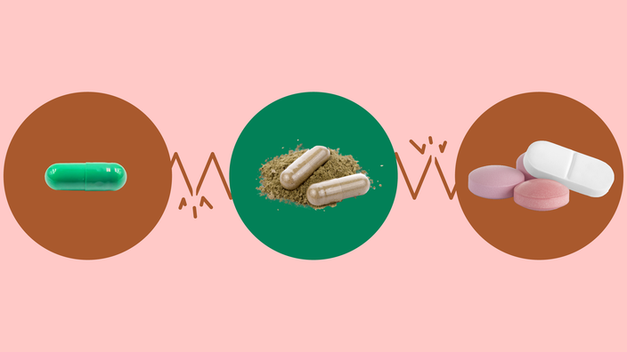The image shows a light red background with three circles across the frame. In the center, on a green circle, are two ashwagandha supplements on a pile of ashwagandha powder. On the left, on a red circle, is a single teal green capsule pill. On the right, on a red circle, is a pile of different shaped pastel pills. 