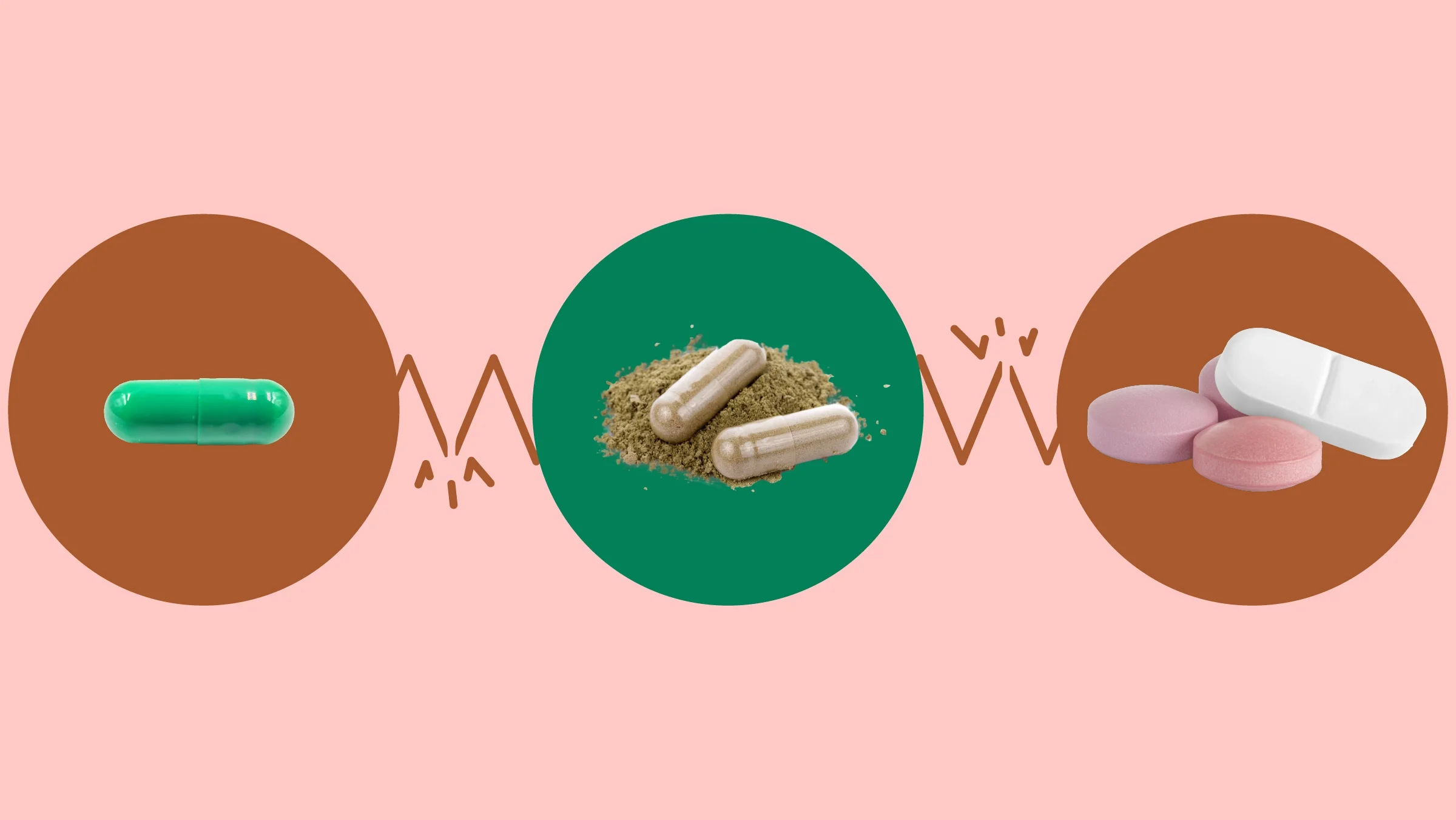 The image shows a light red background with three circles across the frame. In the center, on a green circle, are two ashwagandha supplements on a pile of ashwagandha powder. On the left, on a red circle, is a single teal green capsule pill. On the right, on a red circle, is a pile of different shaped pastel pills. 