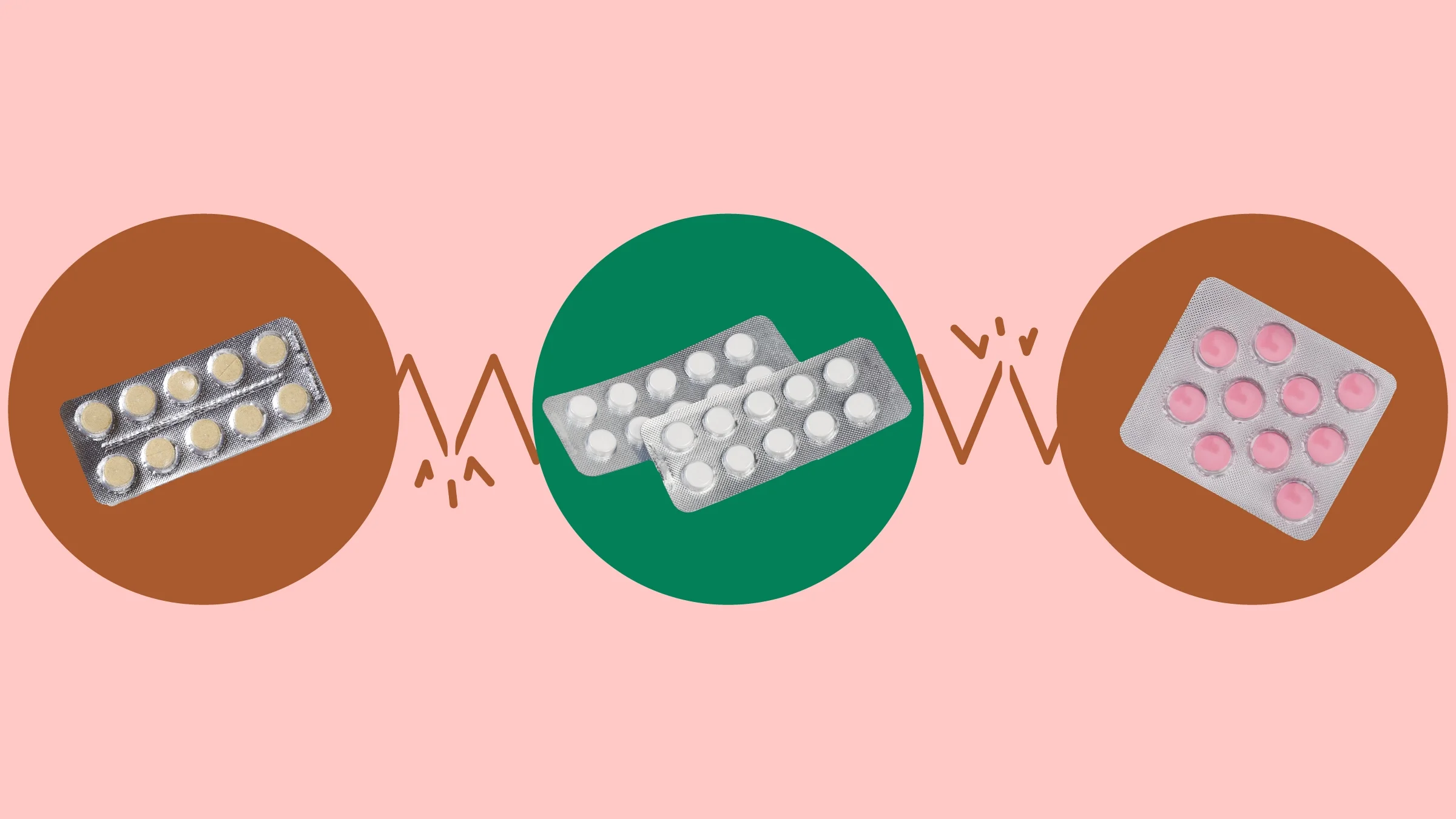 The image shows a light red background with three circles across the frame. In the center, on a green circle, are two blister packs of round white pills. On the left, on a red circle, is a blister pack of round light yellow pills. On the right, on a red circle, is a square blister pack of round pink pills.