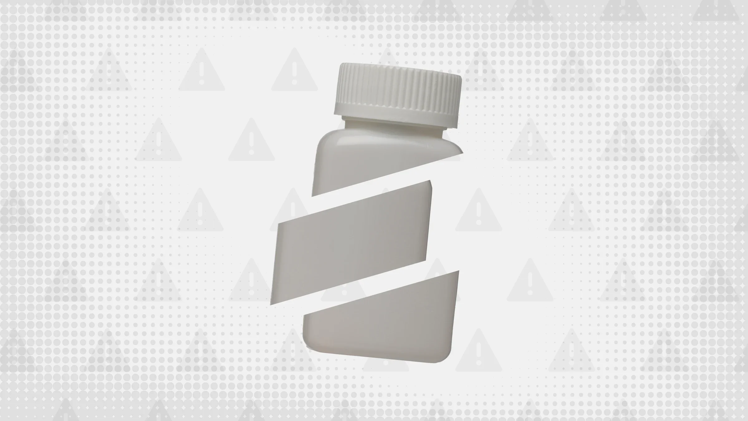 Light gray background with texture and warning sign pattern. In the center is a white square pill bottle cut into thirds.
GoodRx Health