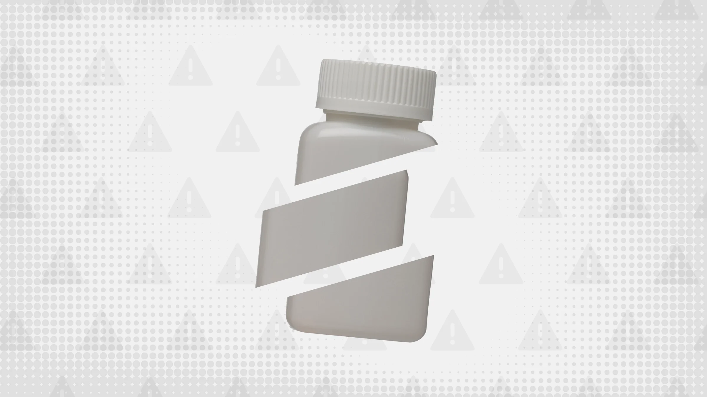 Light gray background with texture and warning sign pattern. In the center is a white square pill bottle cut into thirds.