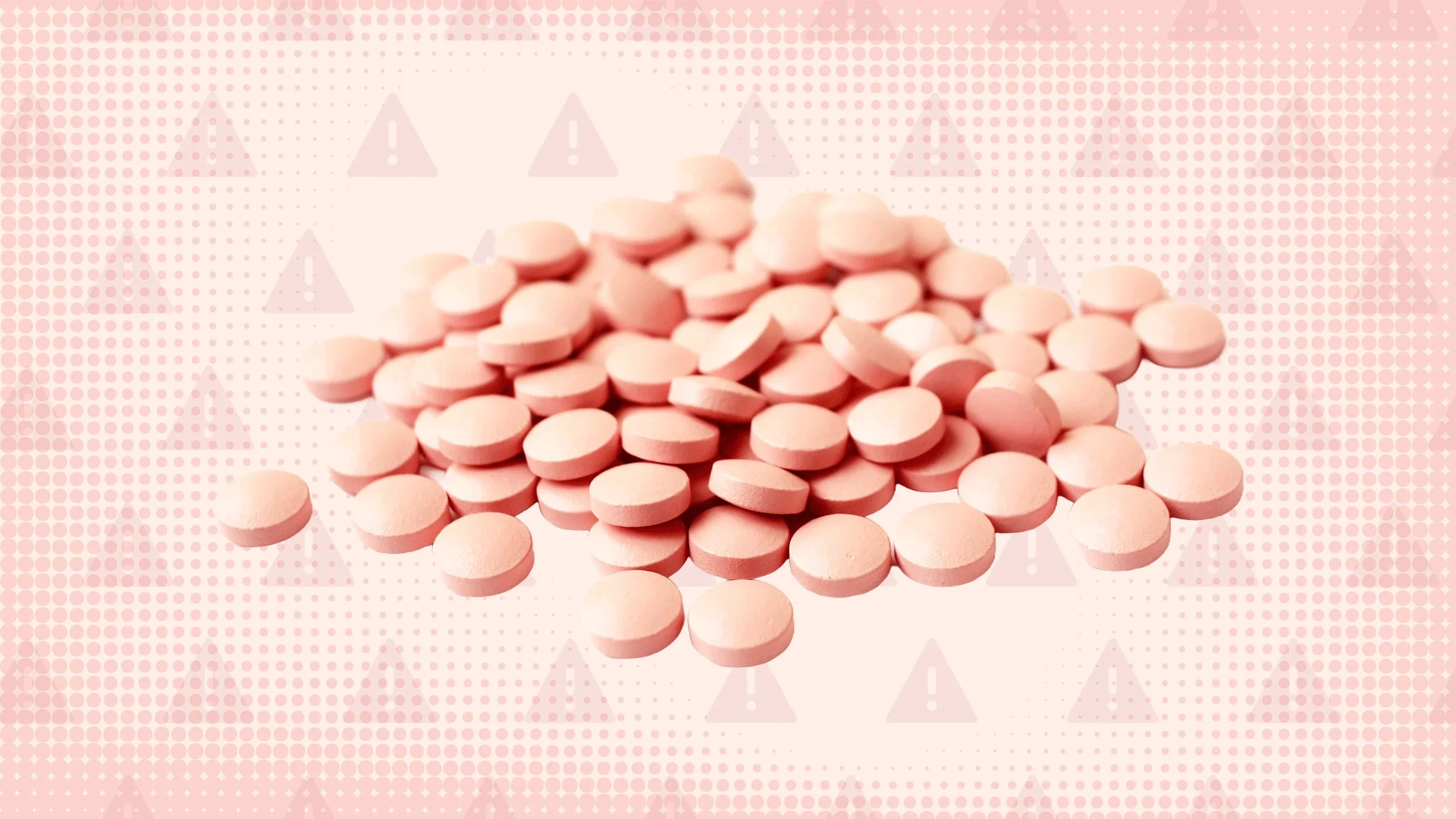 In the center of a light pink background with texture and warning sign pattern lies a pile of pills.