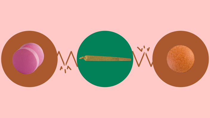 Light-red background with three circles across the frame. In the center, on a green circle, is a marijuana joint. On the left, on a red circle, are two round pink pills. On the right, on a red circle, is a single round orange pill.