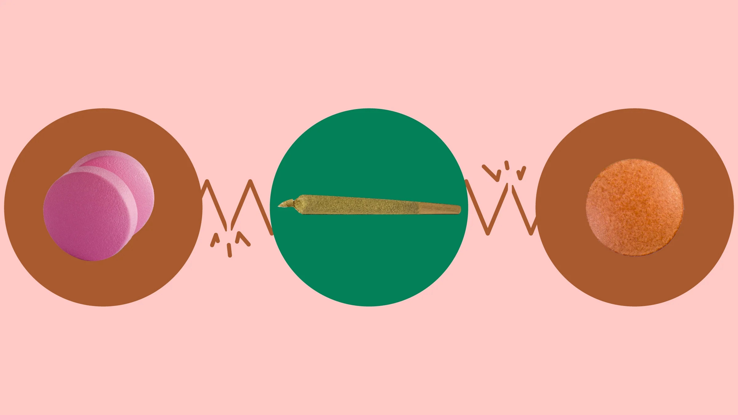 Light-red background with three circles across the frame. In the center, on a green circle, is a marijuana joint. On the left, on a red circle, are two round pink pills. On the right, on a red circle, is a single round orange pill.