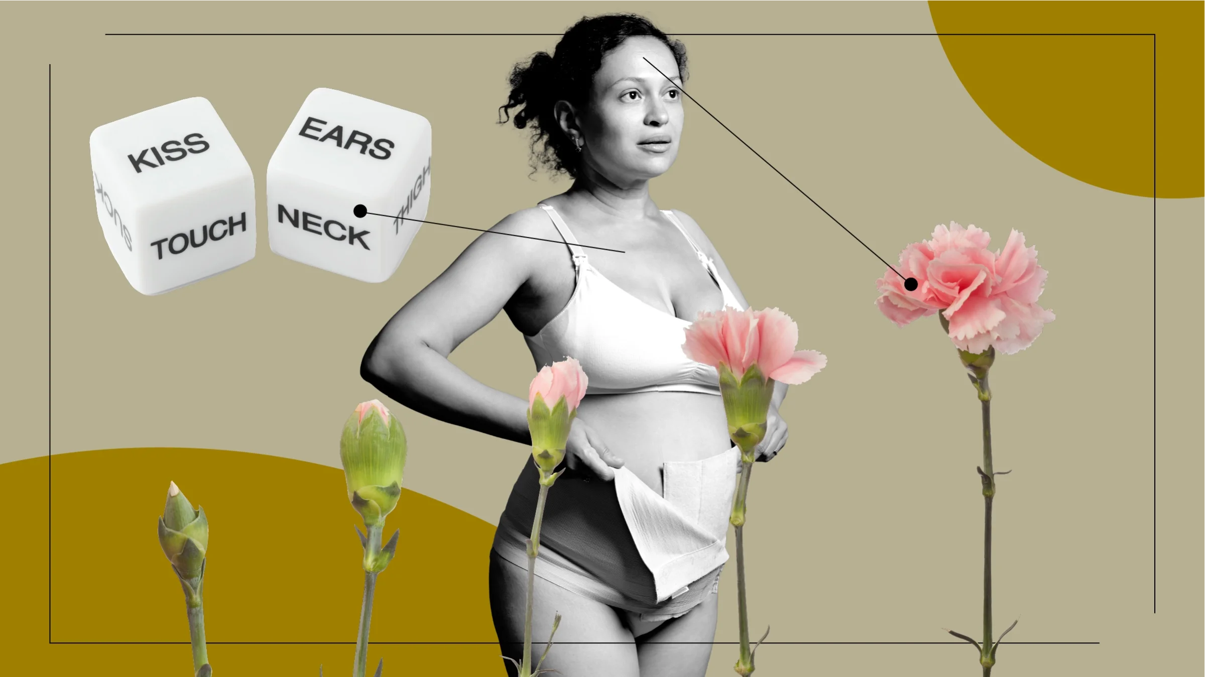 Tan background with black-and-white cutout image of a woman with an after-birth bandage on her abdomen. Off of her are diagram lines pointing to objects representing the feelings of sex after birth. On the bottom is the evolution and change of a carnation growth. On the left are intimacy dice.