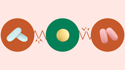 Custom graphic showing pills that may interact with Brilinta. In the center is a green circle with a yellow pill. To the left are light-blue pills in a red circle. To the right are pink pills in a red circle. They are all connected by a broken line. 
GoodRx Health
