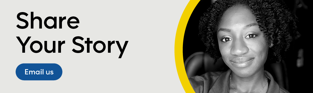 Share Your Story text on the left with an Email us button below. On the left, there is a photo of a woman smiling. 