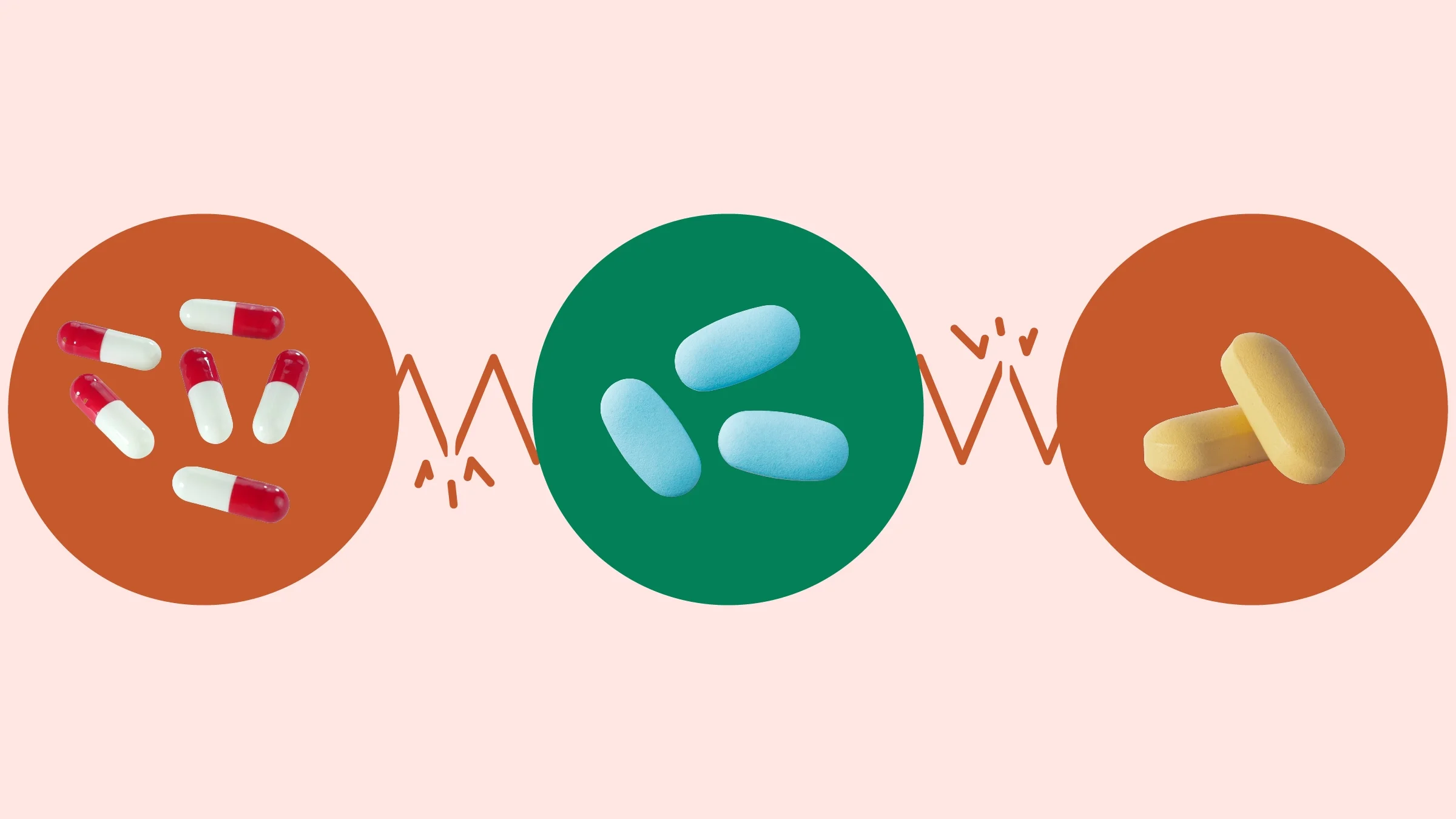 Light-red background with three circles across the frame. In the center, on a green circle, are three blue pills. On the left, on a red circle, is a pile of red-and-white capsule pills. On the right, on a red circle, are two yellow pills. 