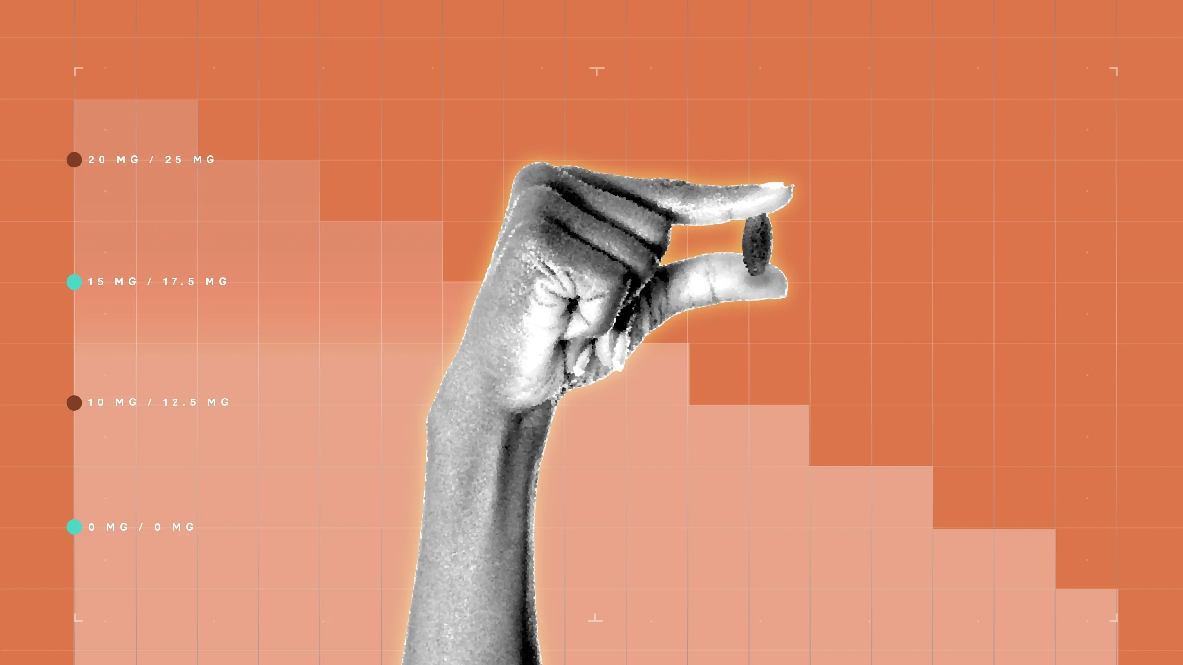 In the center of an orange background with graph paper texture and representational step graphic is a black-and-white cutout of a hand holding a single pill. 