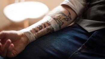skin-infection: closeup freshly wrapped tattoo on forearm 489302396