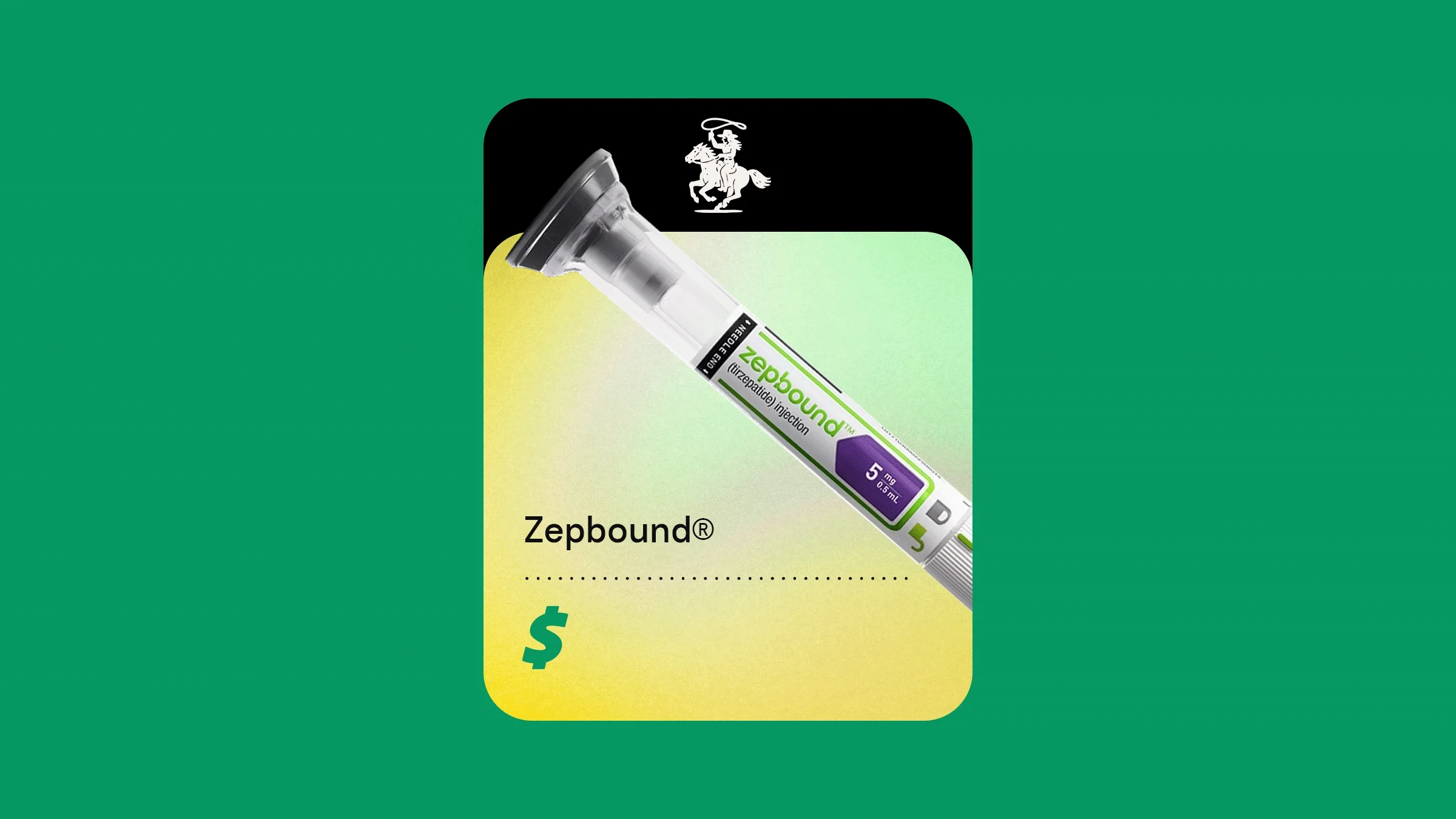 A graphic includes an image of Zepbound against a green and yellow background with a dollar sign below it.