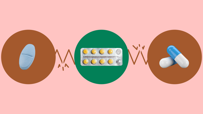A custom image showcases what drugs interact with methotrexate. In the center, on a green circle, is a blister pack of round yellow pills. On the right, on a red circle, are two white and blue capsule pills. On the left, on a red circle, is a light blue oblong pill.