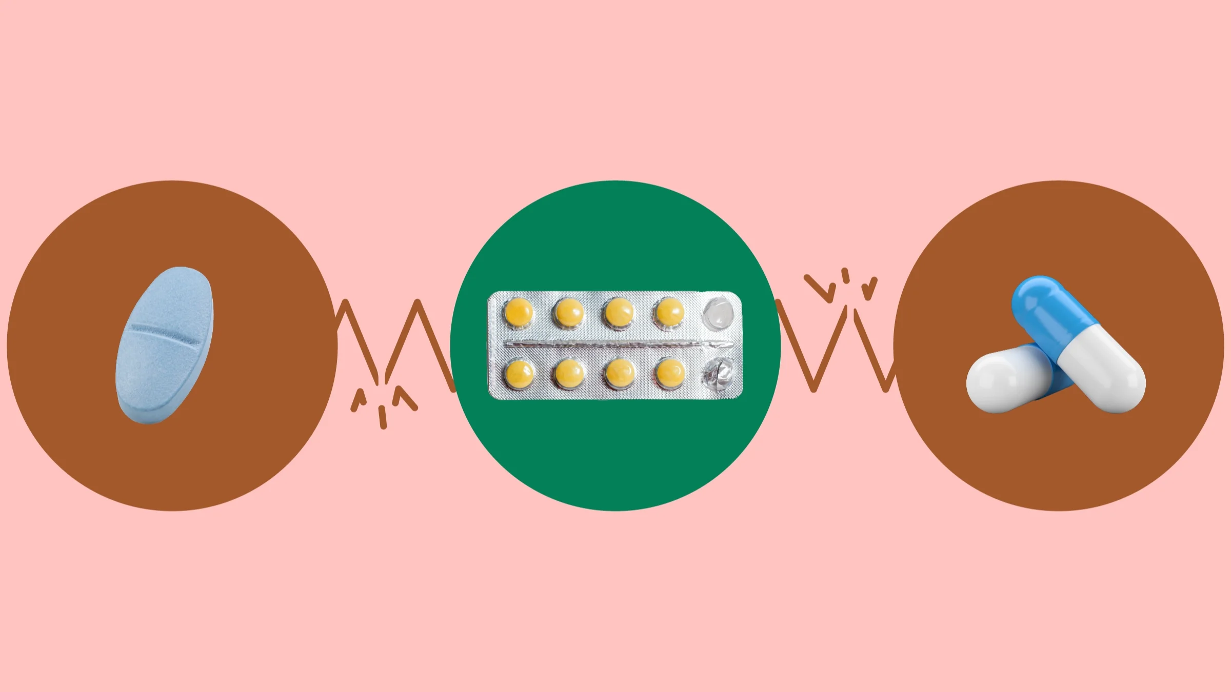 A custom image showcases what drugs interact with methotrexate. In the center, on a green circle, is a blister pack of round yellow pills. On the right, on a red circle, are two white and blue capsule pills. On the left, on a red circle, is a light blue oblong pill.