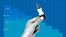 In the center of a dark blue background with graph paper texture and representational step graph is a black-and-white cutout of a hand holding a nasal spray bottle. 
GoodRx Health
