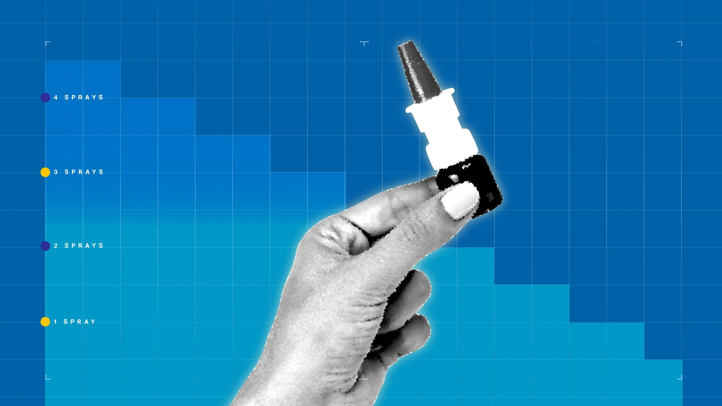 In the center of a dark blue background with graph paper texture and representational step graph is a black-and-white cutout of a hand holding a nasal spray bottle. 