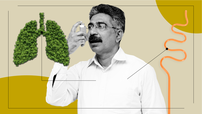 Photo collage of how it feels to take an albuterol inhaler. There is a tan background with yellow circles in the top-right corner and bottom-left corner. In the center is a black-and-white portrait of a man using an inhaler. Off of him, there are diagram lines pointing to items representing the feelings of asthma and inhaler use: lungs formed out of a forest of trees and an orange crazy straw.