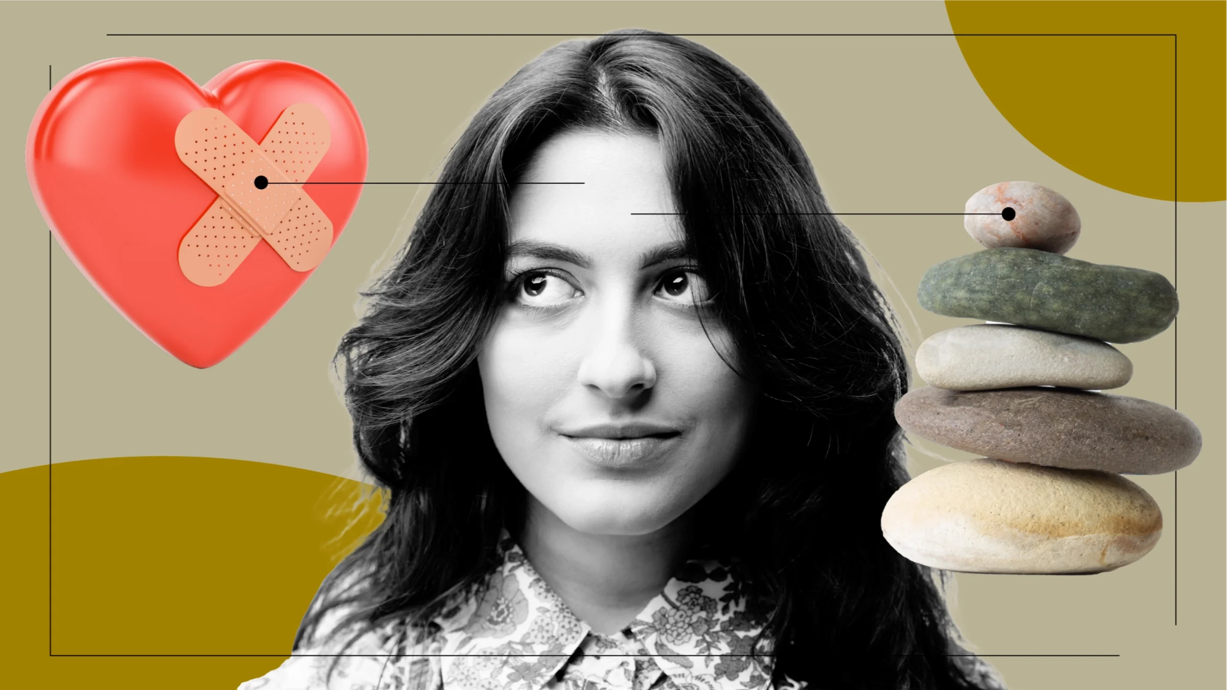 Tan background with a black-and-white portrait of a woman looking up. Off of her are diagram lines pointing to objects representing the feelings of dealing with psoriasis. On the left side is a heart with a Band-Aid. On the right side is a stack of zen rocks.