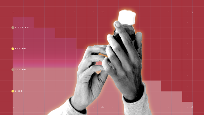 Red background with graph paper texture and representational step graph. In the center is a black-and-white cutout of hands holding a liquid medicine bottle.  