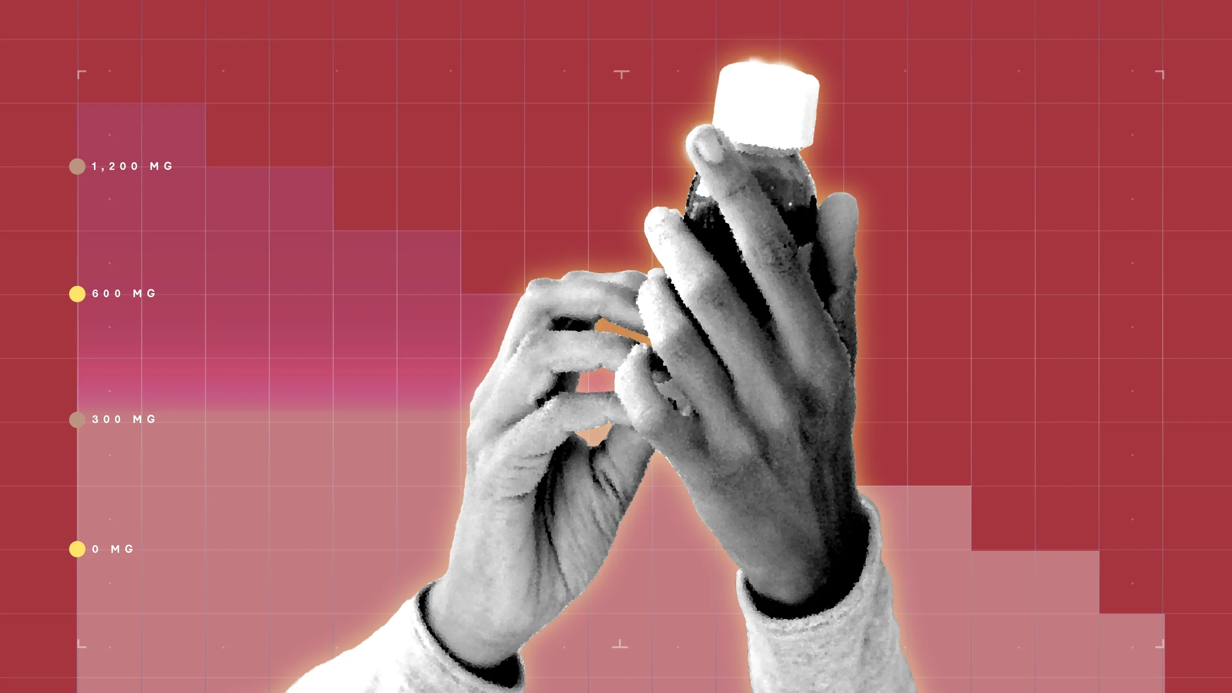 Red background with graph paper texture and representational step graph. In the center is a black-and-white cutout of hands holding a liquid medicine bottle.