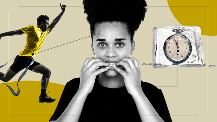 Tan background with yellow circles in the top right and bottom left corners. There is a black-and-white portrait of a woman biting her nails. Off of her are diagram lines pointing to objects representing anxiety attacks. They are: a stopwatch in a frozen ice block and a marathon runner in mid-stride.