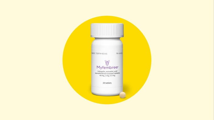 A Myfembree product shot features a white pill bottle with a single light-yellow pill in front on a yellow background.