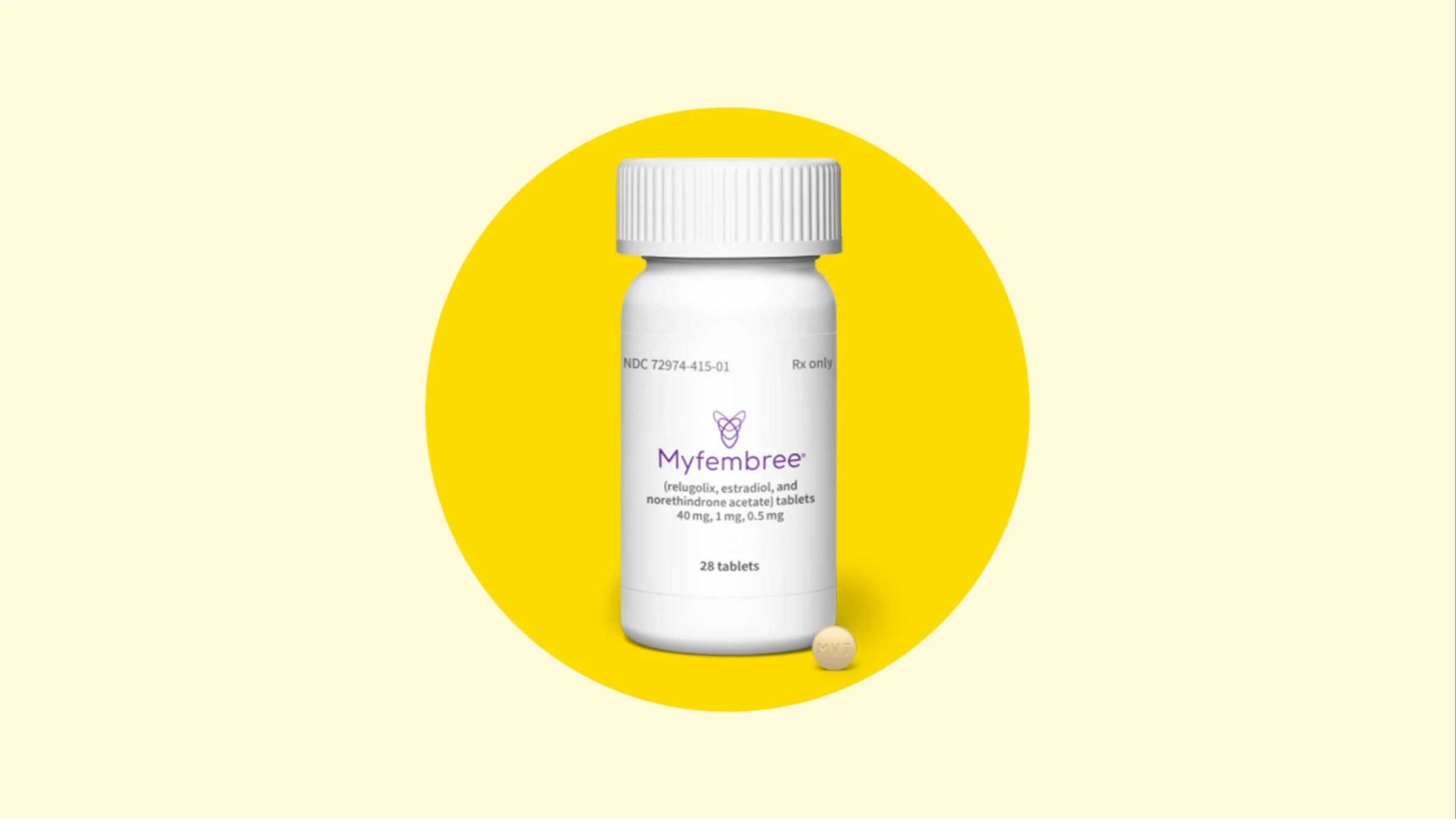 A Myfembree product shot features a white pill bottle with a single light-yellow pill in front on a yellow background.