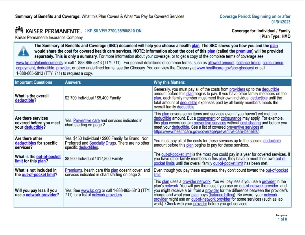Health: Insurance: Page 1 sample SBC Kaiser