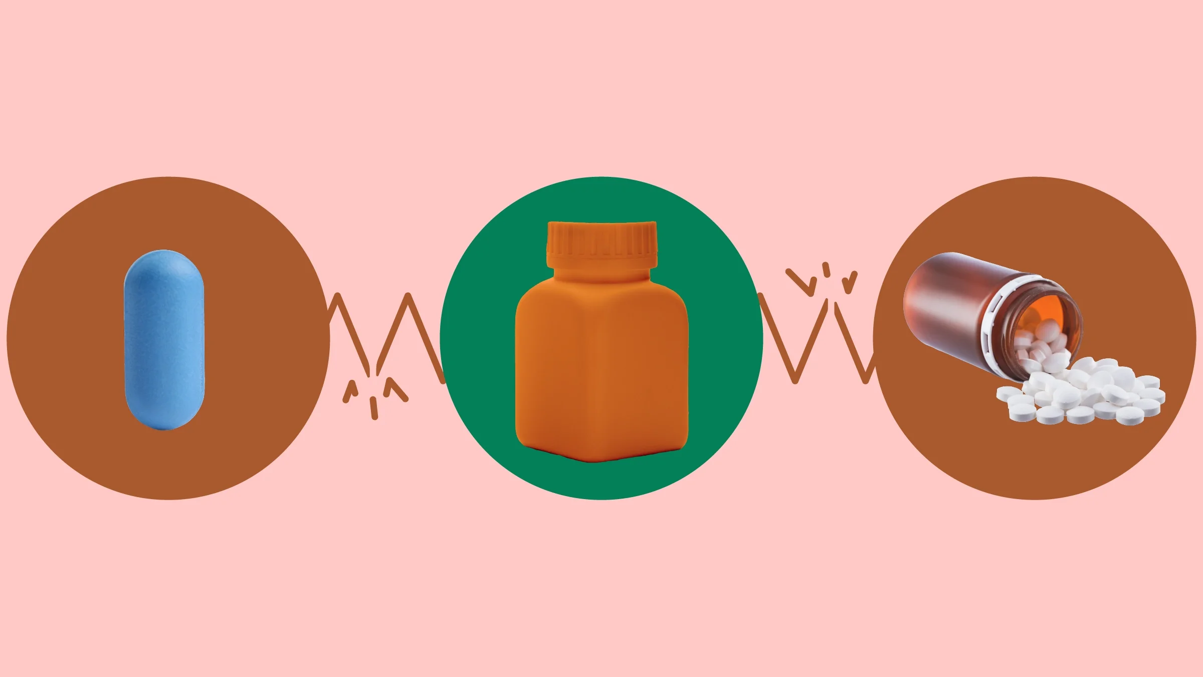 Light red background with three circles across the frame. In the center, on a green circle, is an orange square pill bottle. On the left, on a red circle, is a single oblong blue pill. On the right, on a red circle, is a brown medication bottle with round white pills spilling out.