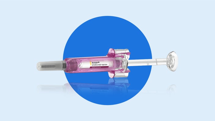 The medication Xolair is shown against a blue background.