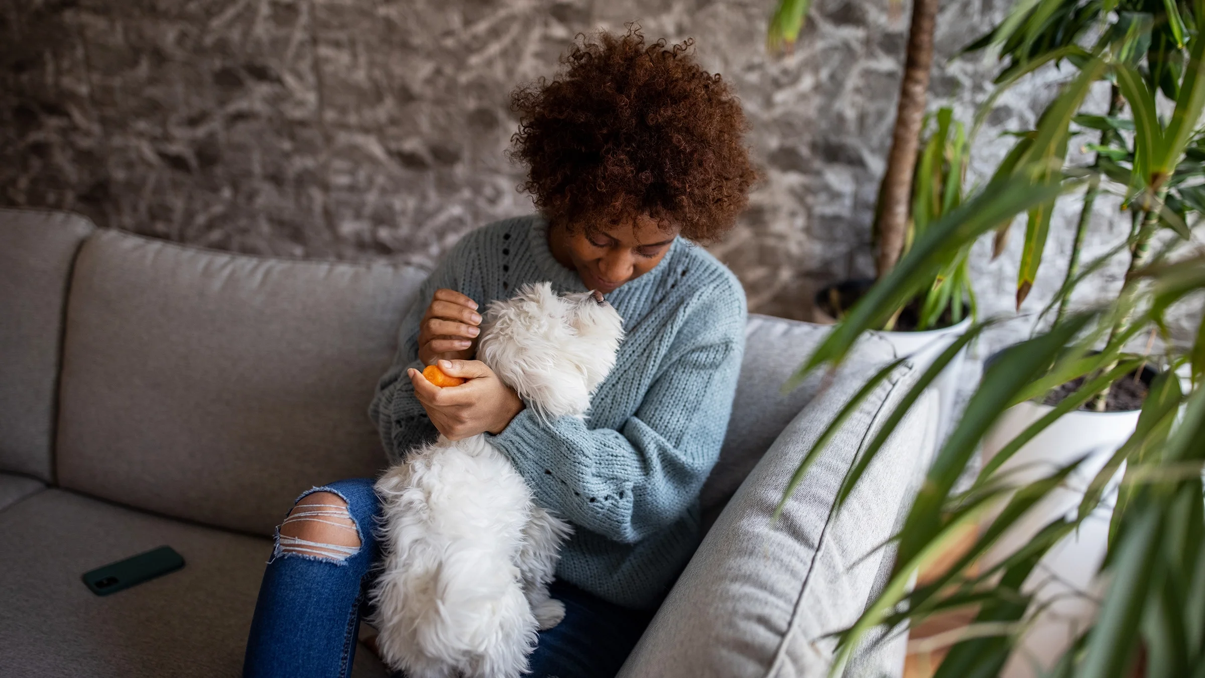 A woman sits on a couch with her Maltese dog on her lap.
