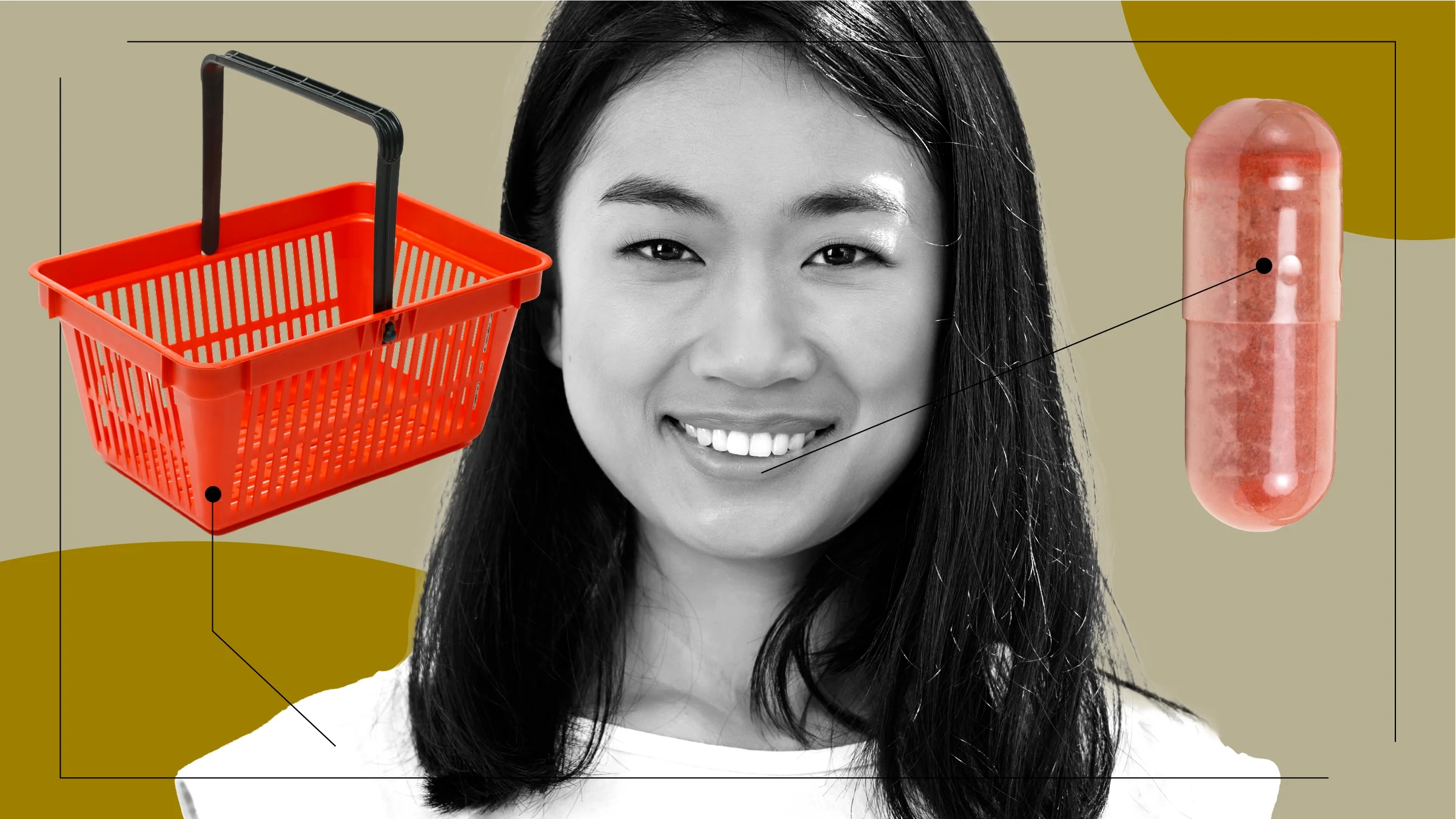 A graphic about taking red yeast rice includes photos of a woman, a shopping basket, and a red capsule. 