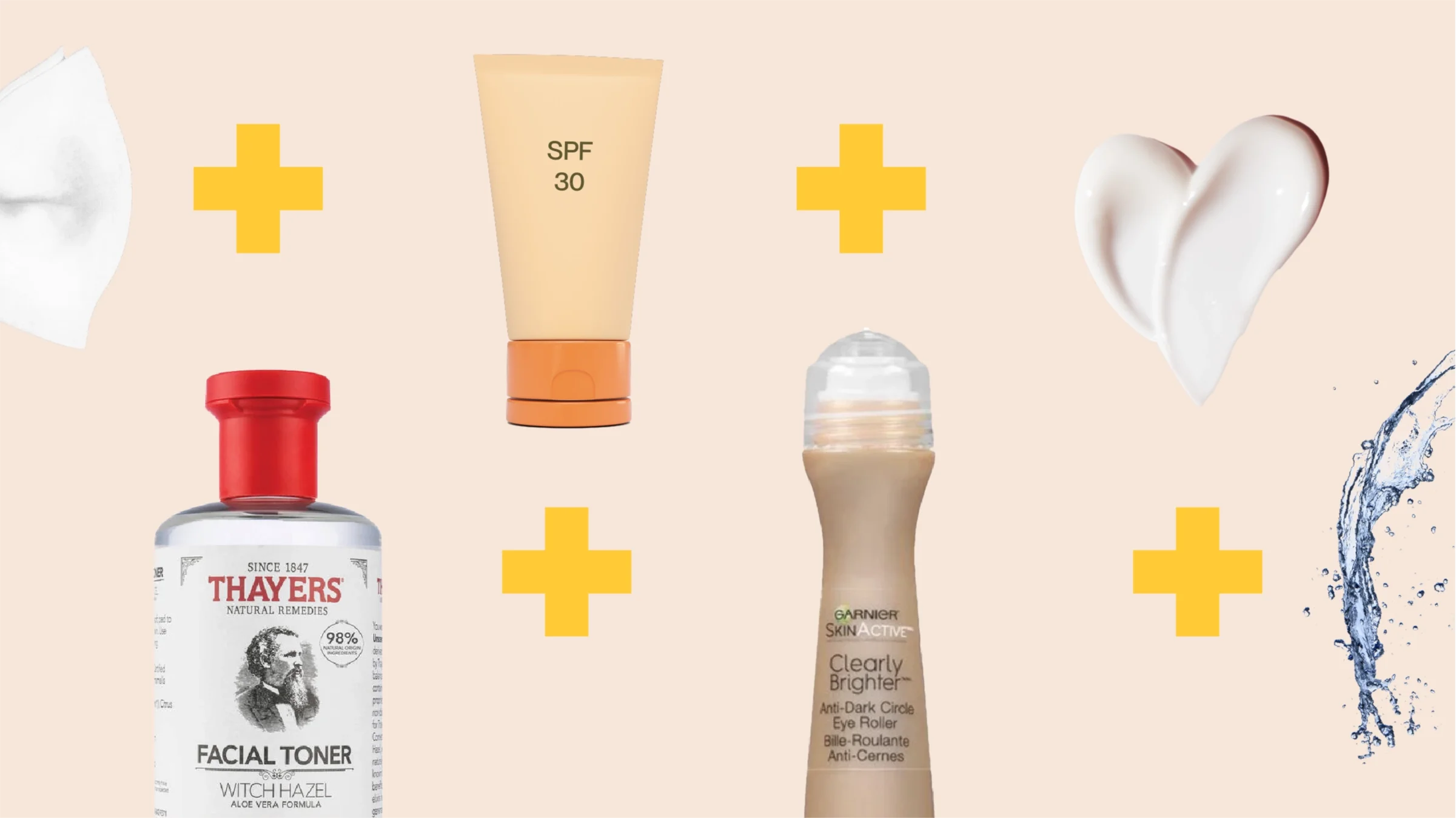 Tan background with skin care products lined up in two rows across the screen. Top row, left to right: facial wipes, sunscreen, and moisturizer lotion. Bottom row, left to right: facial toner, dark circle roller, and water splash. 