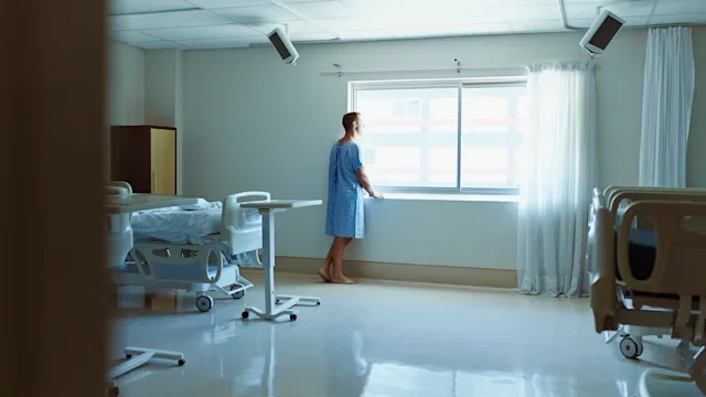 Health: Birth control: man hospital gown at window-493216327