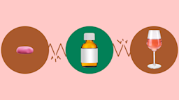 A light red background with three circles across the frame. In the center, on a green circle, is a brown medicine bottle. On the left, on a red circle, is a pink pill. On the right, on a red circle, is a glass of rosé wine. 
GoodRx Health