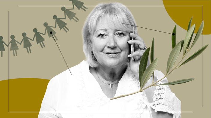 Tan background with a black-and-white cutout portrait of a blonde woman holding her cellphone to her ear. Off of her are diagram lines pointing to items representing the feelings of behind ghosted. On the left is a representation of a group of women supporting each other. And on the right is an olive branch — a sign of peace. 