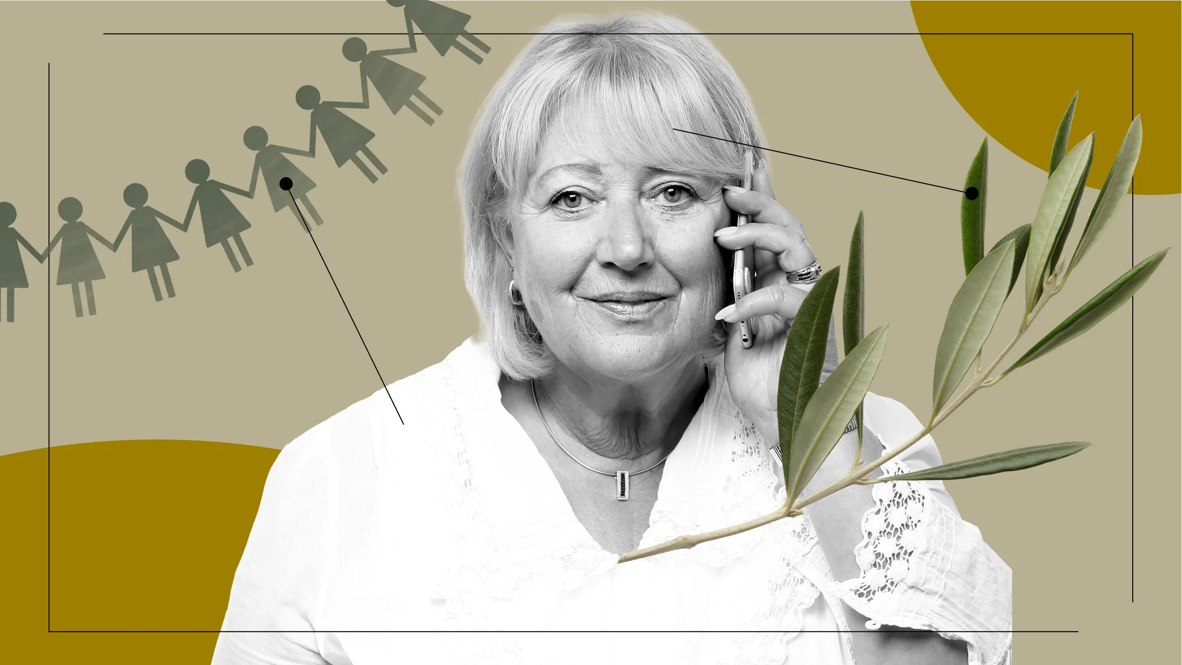Tan background with a black-and-white cutout portrait of a blonde woman holding her cellphone to her ear. Off of her are diagram lines pointing to items representing the feelings of behind ghosted. On the left is a representation of a group of women supporting each other. And on the right is an olive branch — a sign of peace.