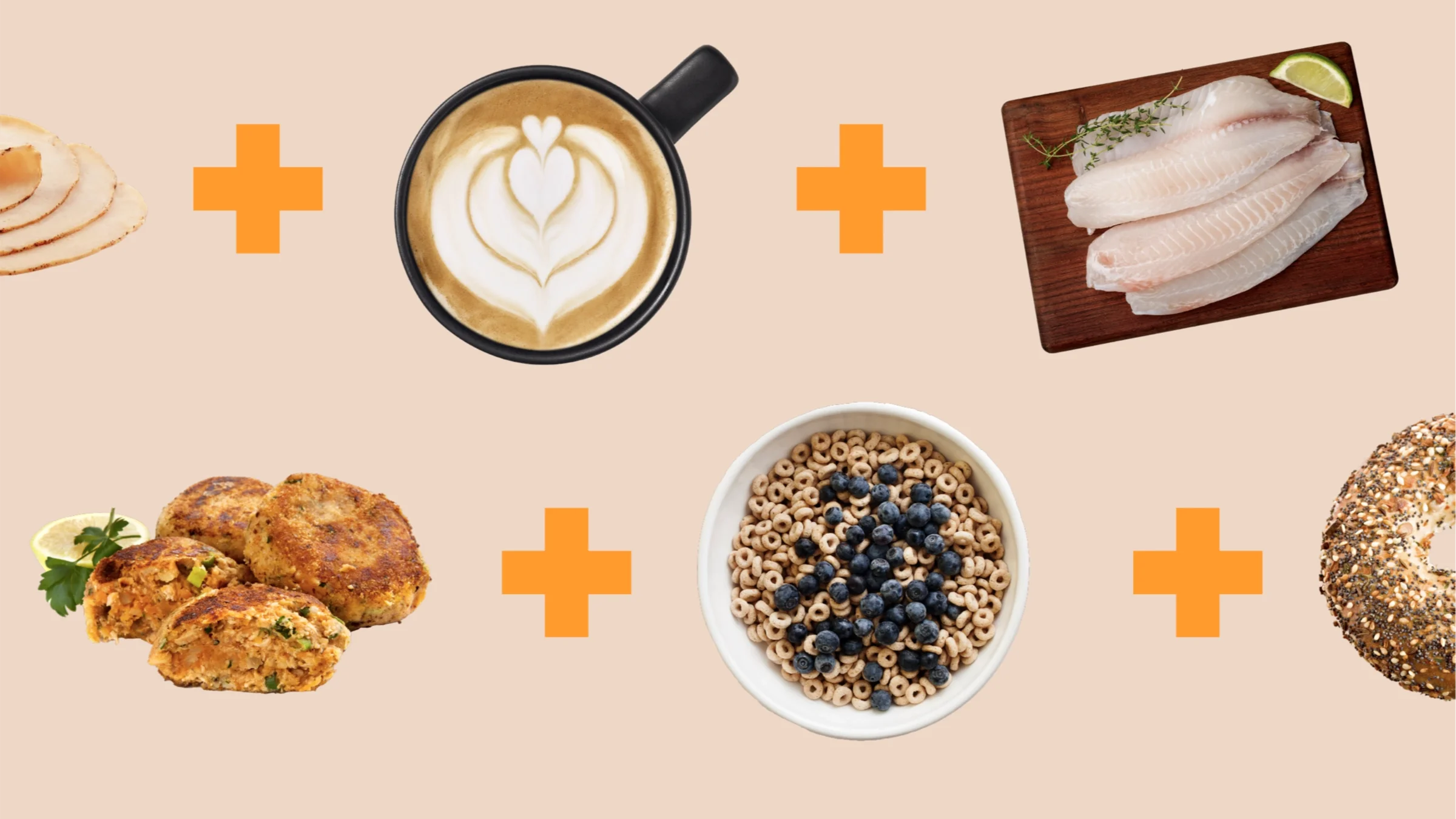 Custom graphic showcasing foods that Courtney DuBois Shihabuddin eats regularly after taking Wegovy. Top row from left to right: deli turkey, coffee with cream, and  tilapia. Bottom row from left to right: crab cake, Cheerios with blueberries, and an everything bagel. 