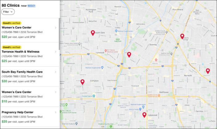 Prototype of Team Health Center's search results