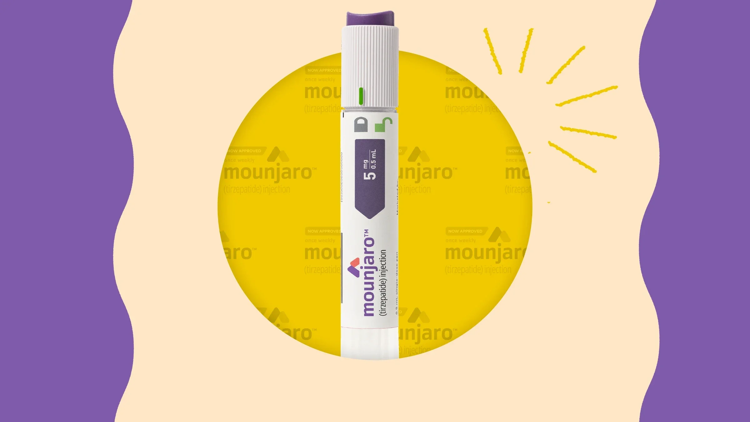 Mounjaro injection pen appears to be coming out of a paper cut out. In the background is a pattern of the Mounjaro logo.
Graphic from GoodRx Health
Photo courtesy of Lilly and Mounjaro
