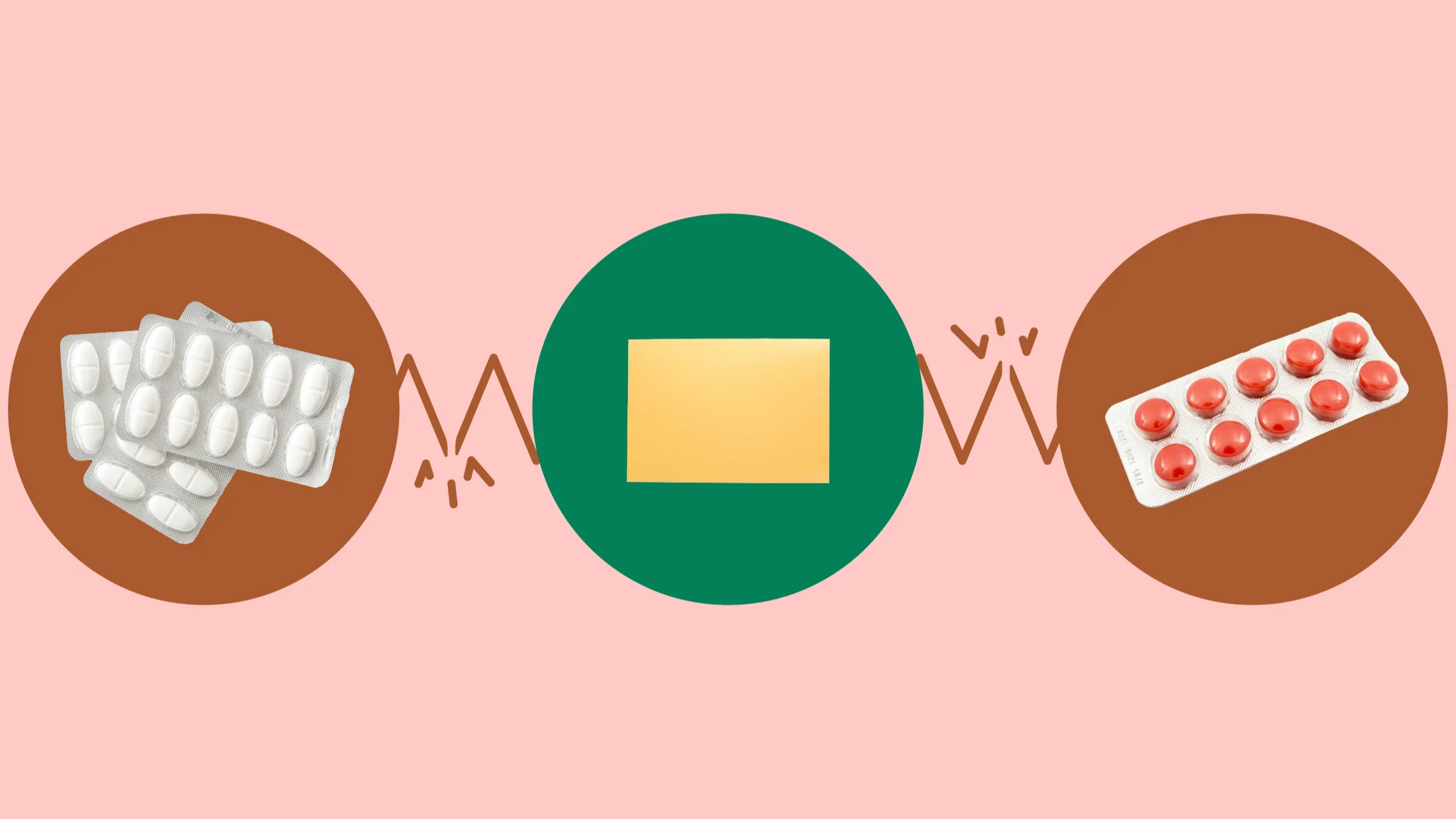 Light-red background with three circles across the frame. In the center, on a green circle, is a yellow sublingual medication sheet. On the left, on a red circle, is a stack of blister packs of pills. On the right, on a red circle, is a single blister pack of red pills.
GoodRx Health