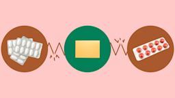 Light-red background with three circles across the frame. In the center, on a green circle, is a yellow sublingual medication sheet. On the left, on a red circle, is a stack of blister packs of pills. On the right, on a red circle, is a single blister pack of red pills.
GoodRx Health