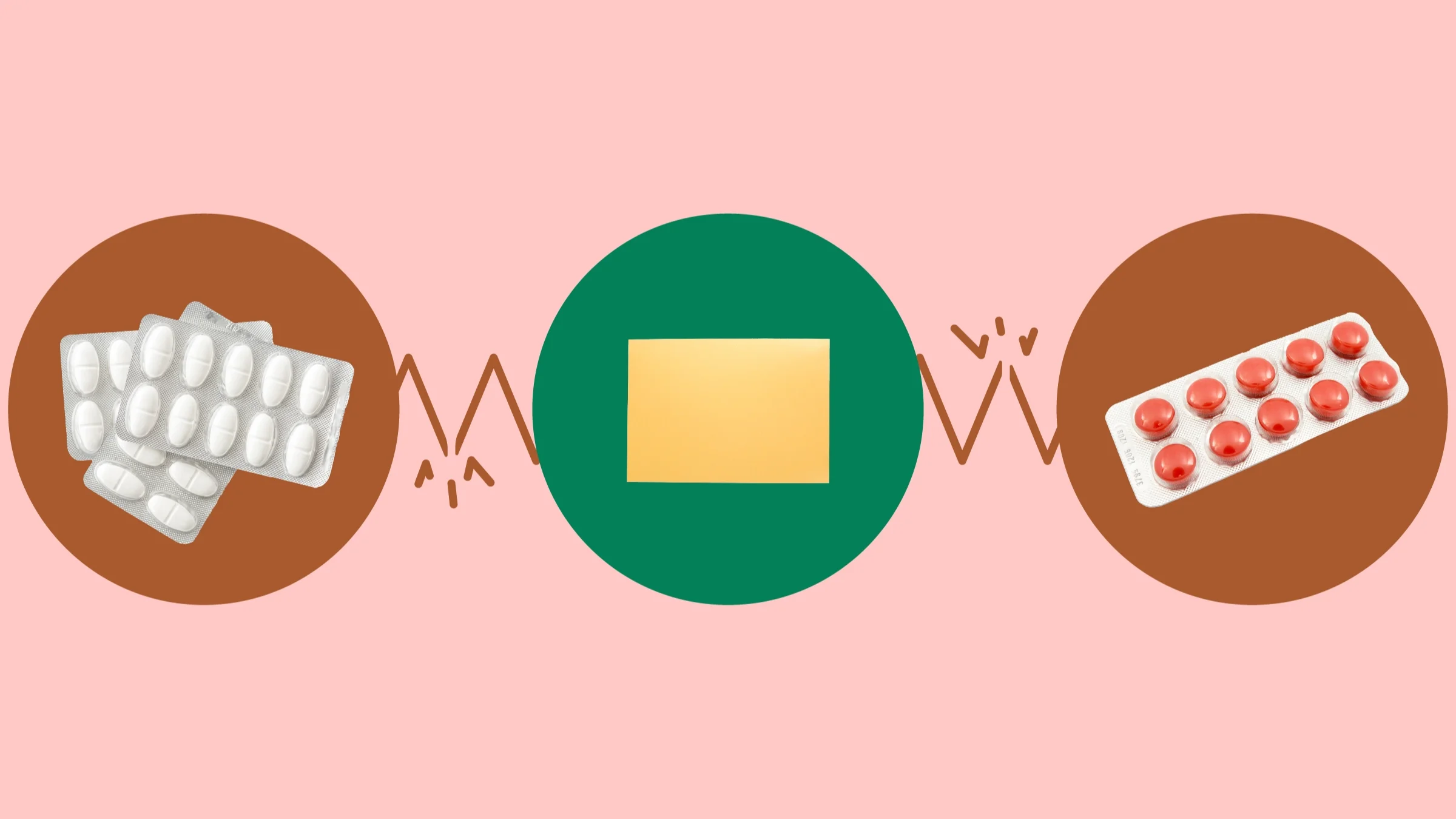 Light-red background with three circles across the frame. In the center, on a green circle, is a yellow sublingual medication sheet. On the left, on a red circle, is a stack of blister packs of pills. On the right, on a red circle, is a single blister pack of red pills.